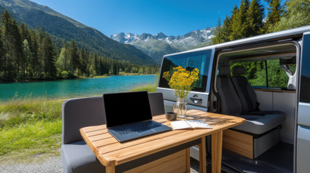 Modern camper van office setup, laptop and notebook on wooden table, glassy lake and peaks in backgroundの素材