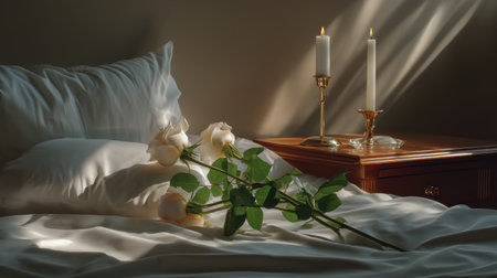 Soft candlelight illuminating delicate white roses on nightstand, romantic banner spaceの素材