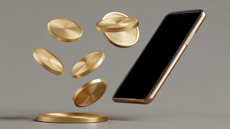 Smartphone surrounded by digital golden coin icons, symbolizing fast online earningsの素材