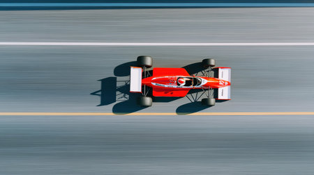 Top-down drone shot of formula car racing along track, dynamic blurred background for speedの素材