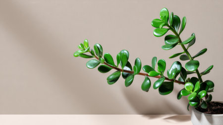 Soft sunlight illuminating jade plant leaves, minimal wall background with banner spaceの素材