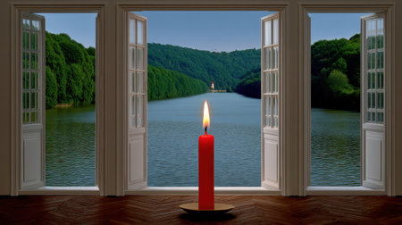 Warm candle flame creating cozy atmosphere, lake and forest visible through open sliding doorsの素材
