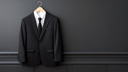 Sharp black suit and tie draped on black wall, minimalist luxury style with subtle lightingの素材