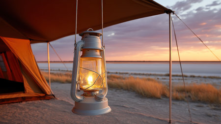 Lantern hanging from tent entrance, warm light spilling onto sand under glowing sunset skyの素材