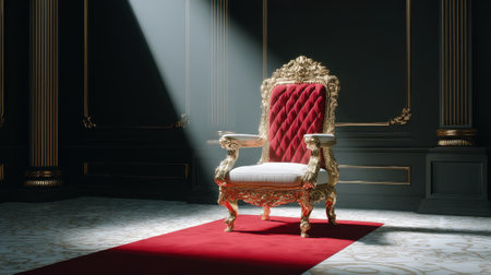 Classical palace throne room with a single ornate royal armchair at center stage, dramatic shadows enhancing the sense of power and prestigeの素材