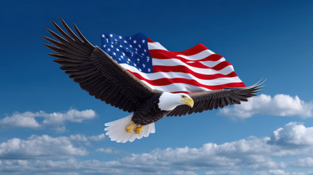 American flag waving in the sky with a bald eagle flying across, dynamic composition representing national prideの素材