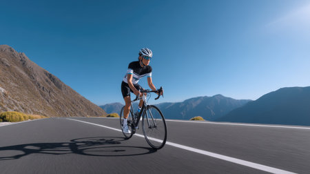 Female endurance athlete training alone on remote mountain pass, professional bike and helmet, crisp clean lighting capturing intensityの素材