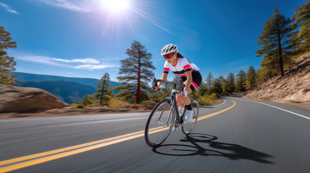 Woman athlete on road bike climbing a sunlit mountain slope, wearing safety helmet and pro gear, scenic wide-angle shot capturing movement and determinationの素材