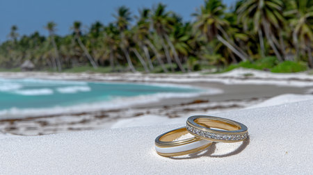 Close-up of gold rings on pristine sand with a gently rolling ocean and tall palm trees, conveying a dreamy romantic getawayの素材