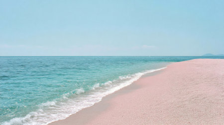 Bright pastel scene featuring white sand and soft pink overlay, blue ocean water forming a tranquil holiday atmosphereの素材