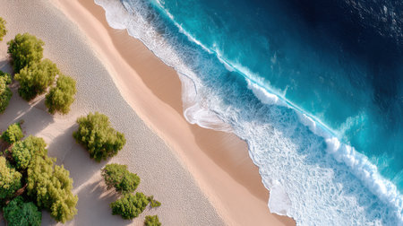 Beautiful pastel gradient across pink beach and white sand, blue waves rolling in smoothly, ideal for high-quality summer visualsの素材