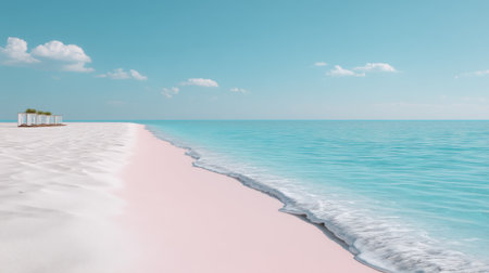 Beautiful pastel gradient across pink beach and white sand, blue waves rolling in smoothly, ideal for high-quality summer visualsの素材