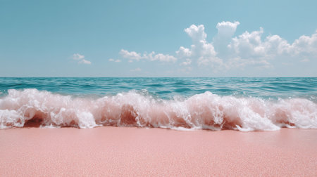 Pastel pink coastal glow over soft white sand and gentle blue surf, dreamy high-resolution summer vacation banner designの素材