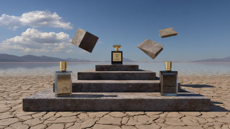 A captivating fragrance display set in a striking desert landscape blending art and luxury.の素材