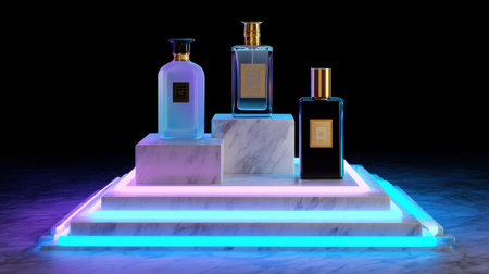 Discover the allure of luxury perfumes showcased in a vibrant studio setting.の素材