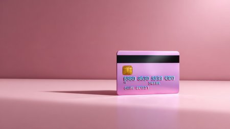 This image features a stylish pink credit card on a smooth surface representing modern finance.の素材