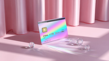 A stunning credit card rests on a pink background highlighting luxury and modern lifestyle.の素材