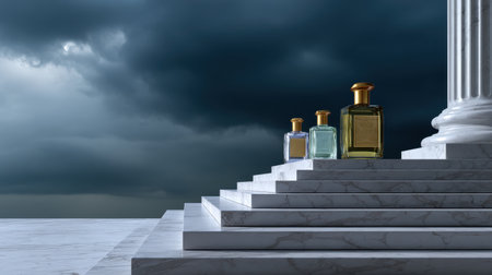 Three elegant perfume bottles rest on marble steps under a dramatic sky showcasing beauty and artistry.の素材