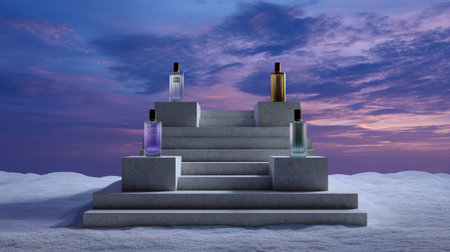 A stunning display of perfume bottles on steps against a colorful sunset backdrop.の素材