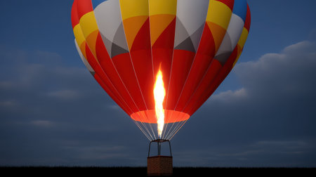 A vibrant hot air balloon takes off igniting the sky with vibrant colors showcasing the thrill of adventure.の素材