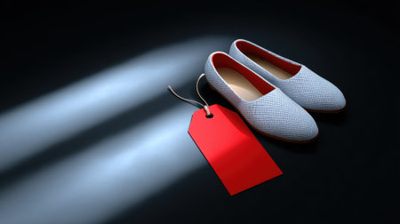 A close-up shot of elegant grey slip-on shoes featured with a price tag in a minimalist studio setting.の素材