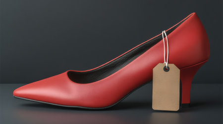 A striking red high heel shoe showcased elegantly embodying sophistication and style in retail.の素材