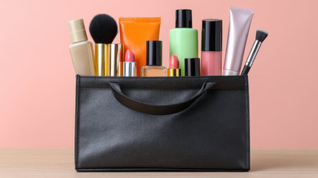A stylish makeup bag showcasing a variety of beauty products creating a vibrant aesthetic.の素材