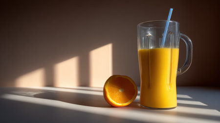 A vibrant glass of orange juice beside a halved orange showcasing the essence of freshness.の素材