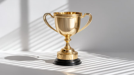 A striking golden trophy shines in a minimalistic space symbolizing achievement and success.の素材