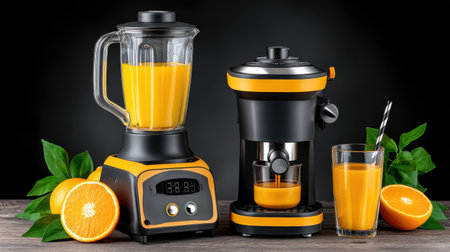 Explore the art of juicing fresh oranges with state-of-the-art blenders and juicers.の素材