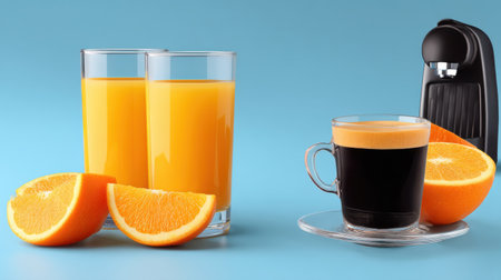 Enjoy a vibrant display of refreshing orange juice and rich coffee in a modern kitchen.の素材