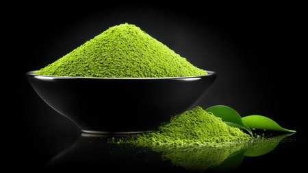 Delve into the vibrant world of matcha powder showcasing its rich color and culinary uses.の素材
