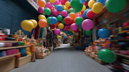 A lively market alley filled with colorful balloons showcasing the joy of urban celebrations.の素材