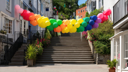 A vibrant display of balloons adorns the stairs creating a festive atmosphere in a charming coastal town.の素材