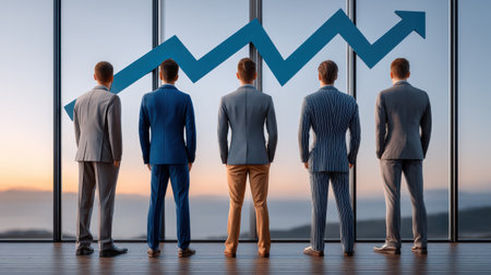 Five professionals observe rising graphs symbolizing growth and success in business.の素材