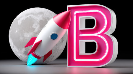 A vibrant rocket and letter B against the moon symbolize innovation and creativity in technology.の素材