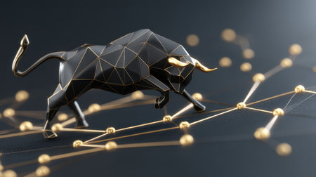 This striking 3D bull sculpture symbolizes strength showcased in a modern studio setting with minimalist design.の素材