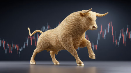 A striking golden bull symbolizes market optimism in a dynamic financial environment.の素材