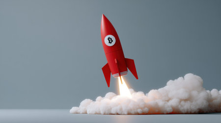 A stylized rocket takes off symbolizing the rise of Bitcoin in a futuristic setting.の素材