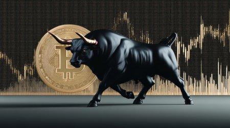 Explore the bullish trends in Bitcoin investment with a striking digital illustration.の素材