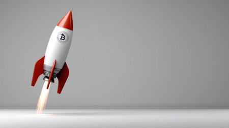 A sleek rocket propels Bitcoin into the future symbolizing cryptocurrency's rise and innovation.の素材