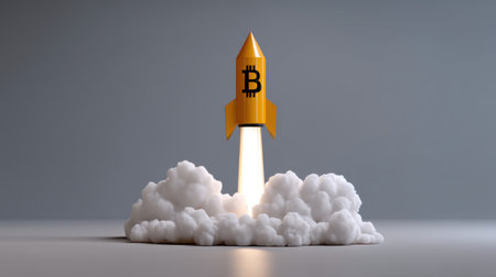 A rocket symbolizing Bitcoin launches amidst clouds representing the rise of cryptocurrency in a digital era.の素材