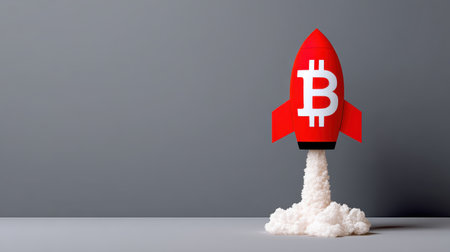 A vibrant rocket symbolizing Bitcoin takes off showcasing innovation in digital currency.の素材