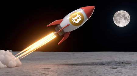 A rocket adorned with a Bitcoin logo takes off from the moon's surface into the cosmos.の素材
