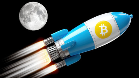 Witness the thrilling launch of a Bitcoin rocket aiming for the moon in a futuristic space scene.の素材