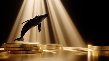 A surreal scene depicting a whale jumping over a pile of coins symbolizing wealth and dreams.の素材