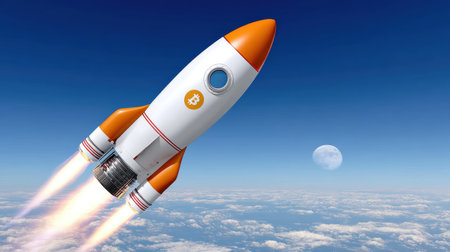 A vibrant rocket ignites symbolizing the rise of Bitcoin in a stunning digital landscape.の素材