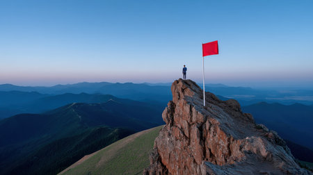 An adventurer stands triumphantly on a mountain peak waving a flag at sunrise.の素材