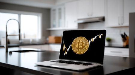 Explore the rise of cryptocurrency in a modern home office setup with dynamic trading insights.の素材