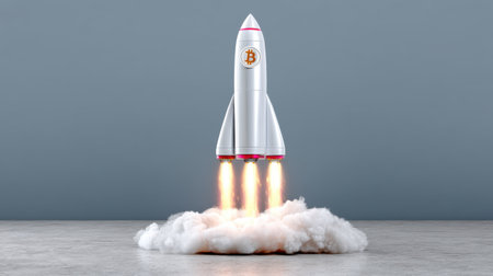 A rocket ignites symbolizing the rise of Bitcoin in the digital landscape.の素材